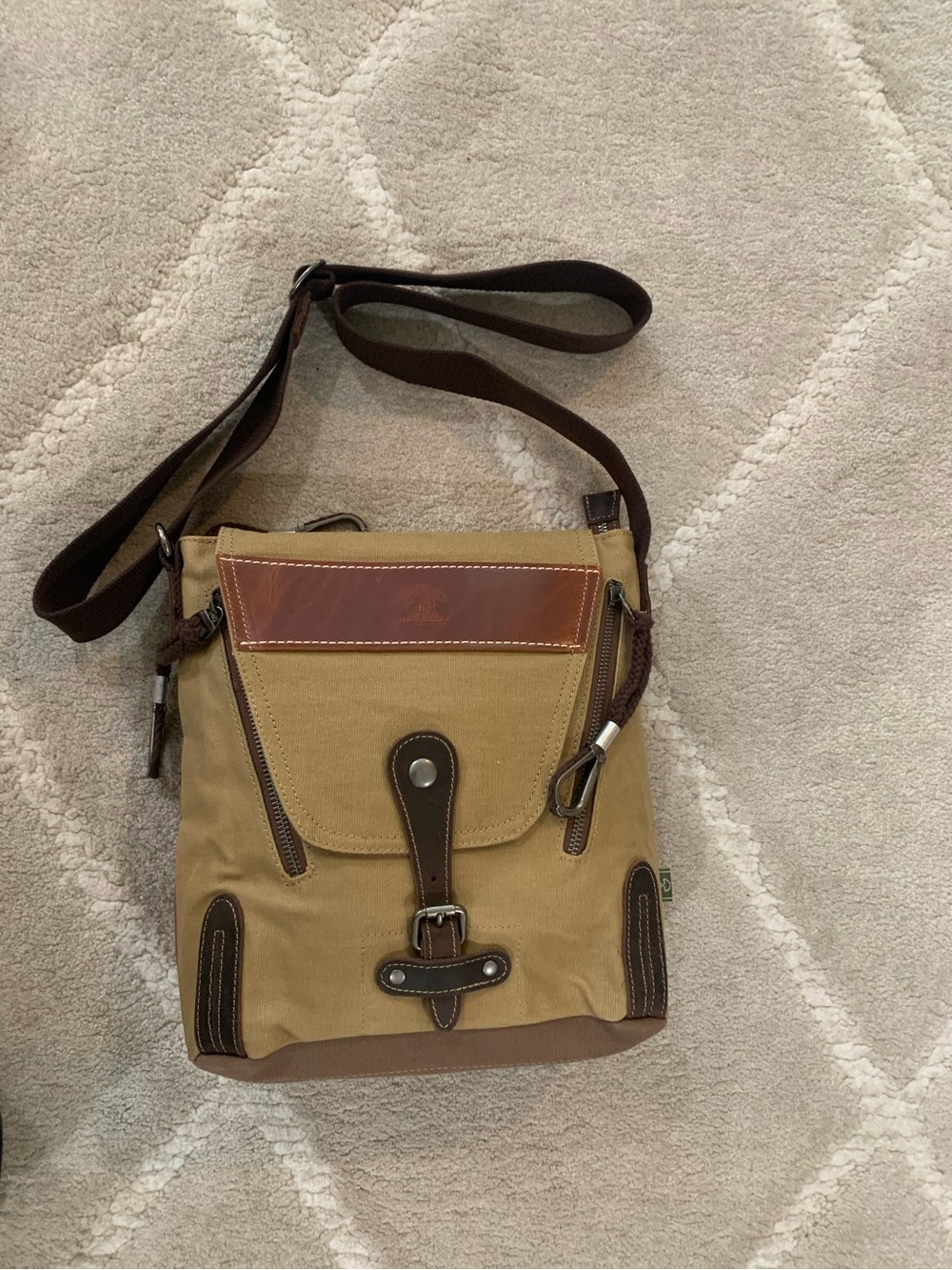 TSD brand Canvas Crossbody Messenger Bag in Khaki with Brown Trim